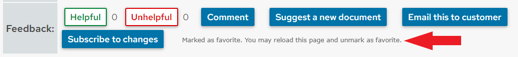 A red arrow points at the "Marked as favorite. You may reload this page and unmark as favorite" message.