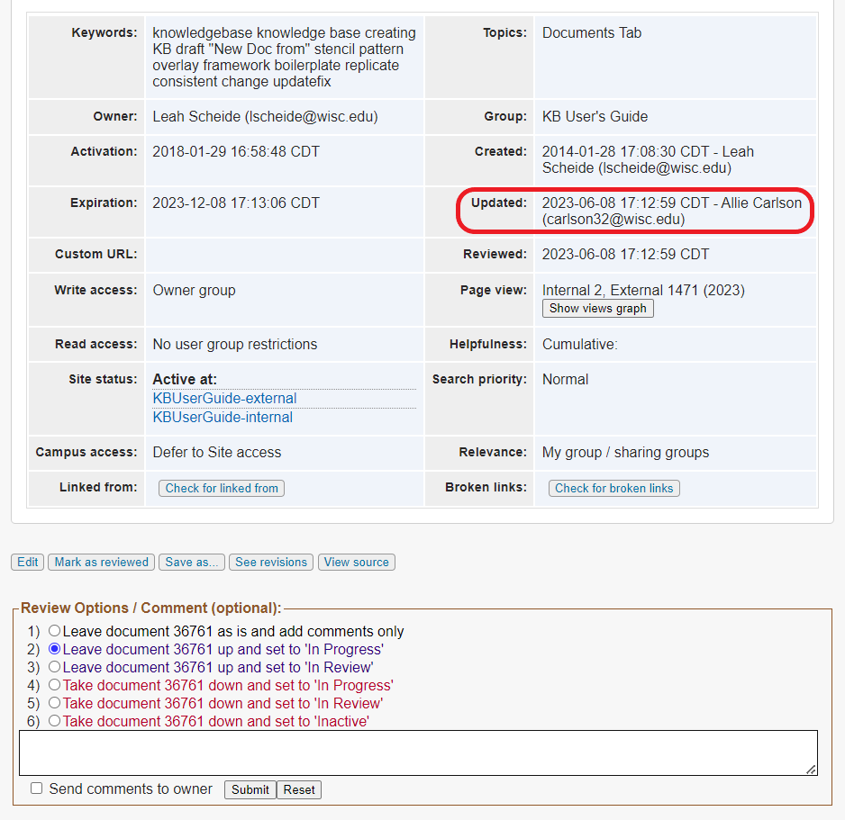 The Document Information Table with the Updated section circled in red.